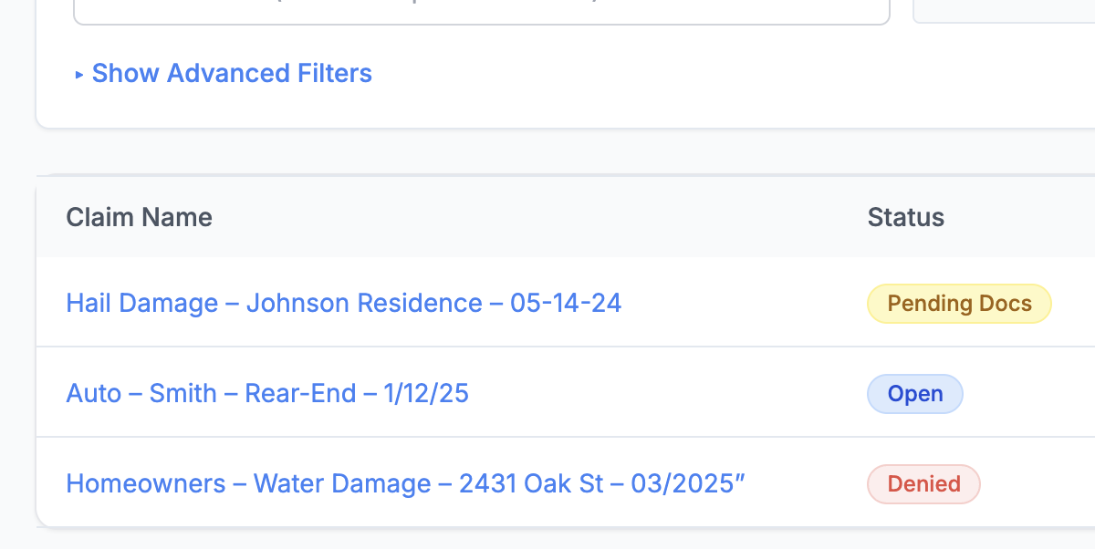 ClaimPigeon workspace showing organized claim intake