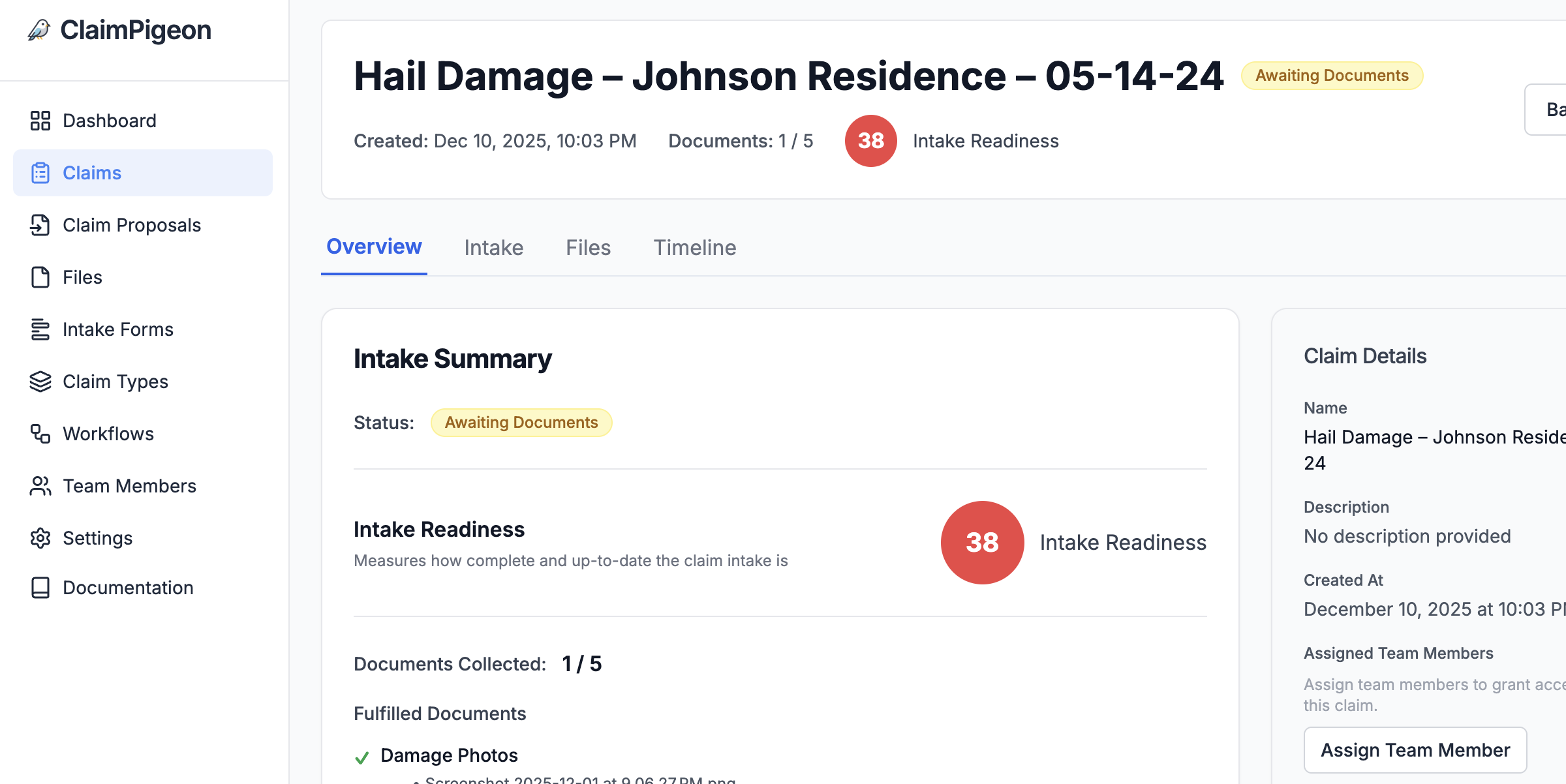 ClaimPigeon interface showing organized claim intake workspace